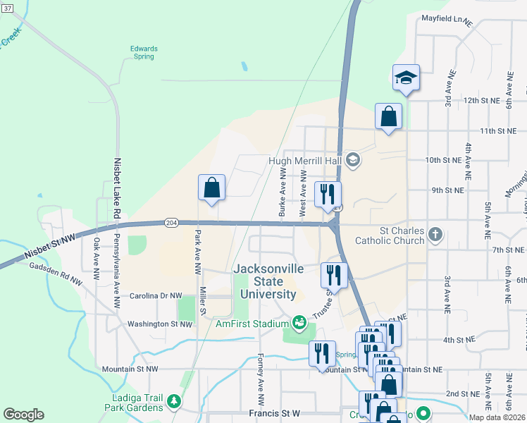 map of restaurants, bars, coffee shops, grocery stores, and more near 301 Nisbet Street Northwest in Jacksonville