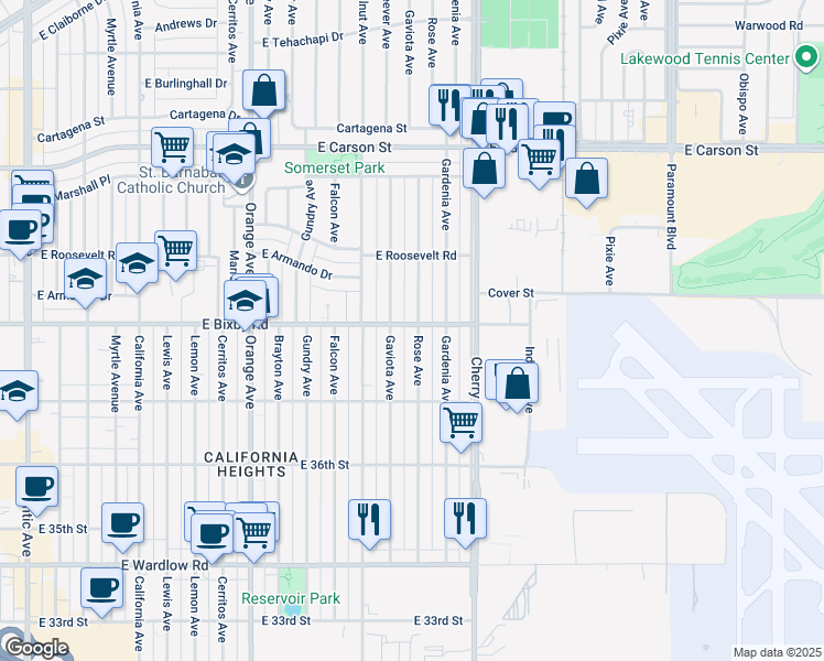map of restaurants, bars, coffee shops, grocery stores, and more near 3765 Rose Avenue in Long Beach