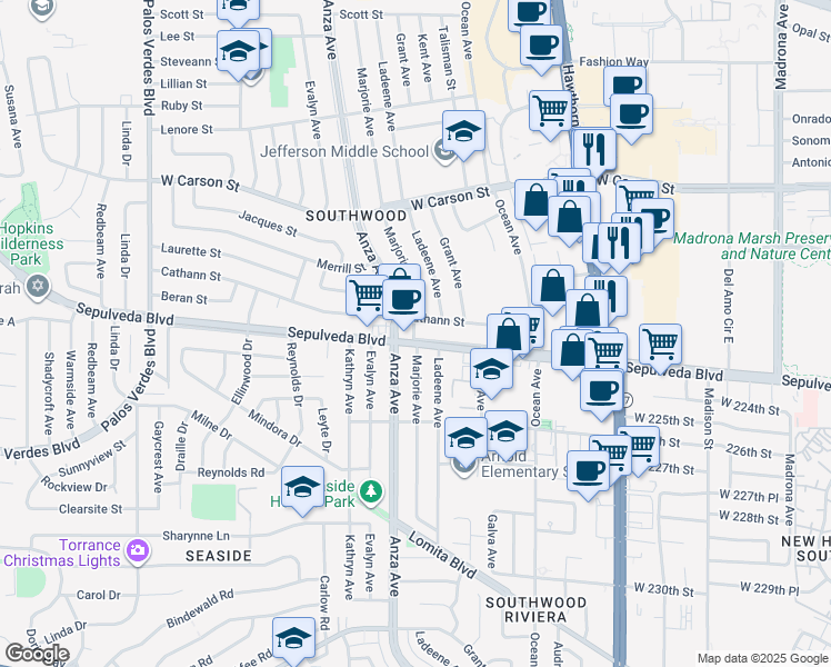 map of restaurants, bars, coffee shops, grocery stores, and more near 4405 Sepulveda Boulevard in Torrance