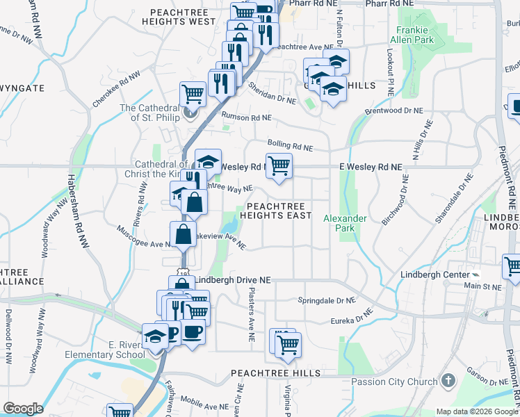 map of restaurants, bars, coffee shops, grocery stores, and more near 2630 Winslow Drive Northeast in Atlanta