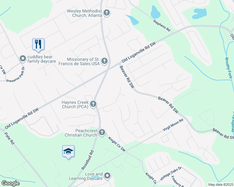 map of restaurants, bars, coffee shops, grocery stores, and more near 1593 Fredricksberg Drive in Loganville