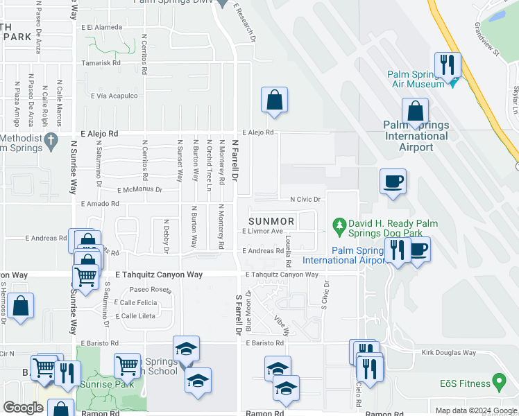 map of restaurants, bars, coffee shops, grocery stores, and more near 2720 East Plaimor Avenue in Palm Springs