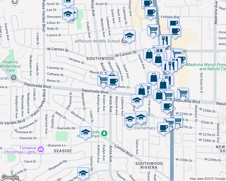 map of restaurants, bars, coffee shops, grocery stores, and more near 4405 Sepulveda Boulevard in Torrance