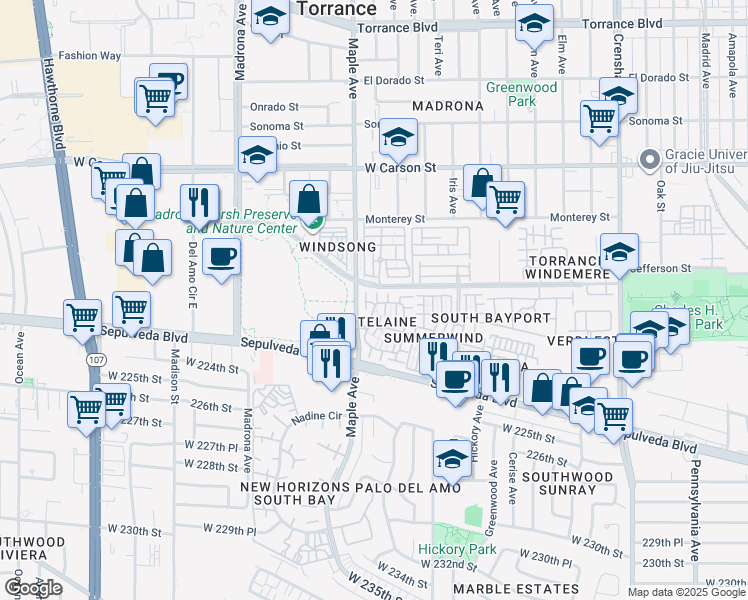 map of restaurants, bars, coffee shops, grocery stores, and more near 2300 Maple Avenue in Torrance