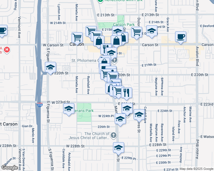 map of restaurants, bars, coffee shops, grocery stores, and more near 22111 Main Street in Carson