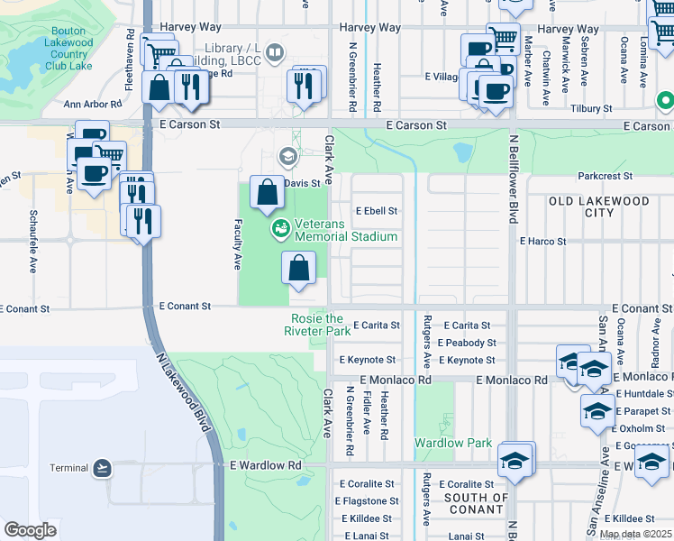 map of restaurants, bars, coffee shops, grocery stores, and more near 3748 Clark Avenue in Long Beach