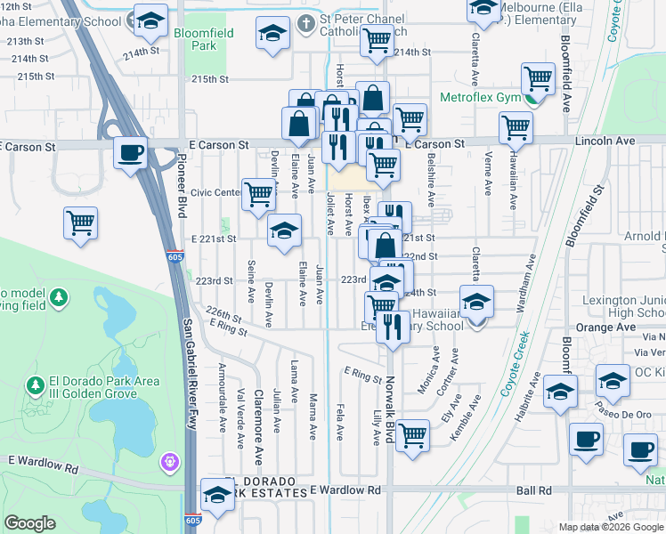 map of restaurants, bars, coffee shops, grocery stores, and more near 22211 Joliet Avenue in Hawaiian Gardens