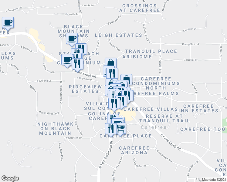 map of restaurants, bars, coffee shops, grocery stores, and more near 37617 North Tom Darlington Drive in Carefree