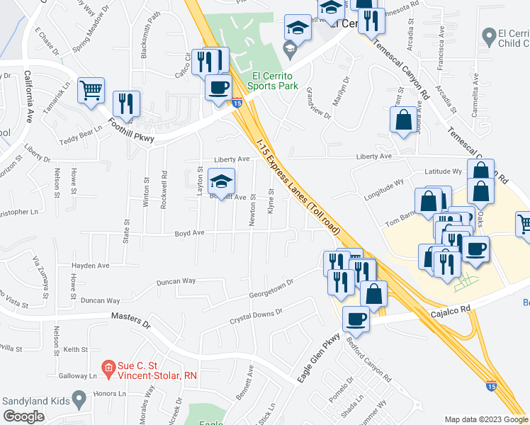 map of restaurants, bars, coffee shops, grocery stores, and more near 20171 Klyne Street in Corona
