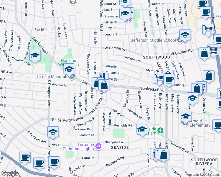 map of restaurants, bars, coffee shops, grocery stores, and more near 5118 Sepulveda Boulevard in Torrance