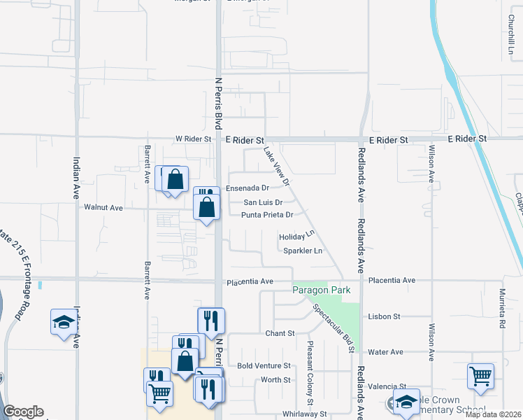 map of restaurants, bars, coffee shops, grocery stores, and more near 124 Punta Prieta Drive in Perris