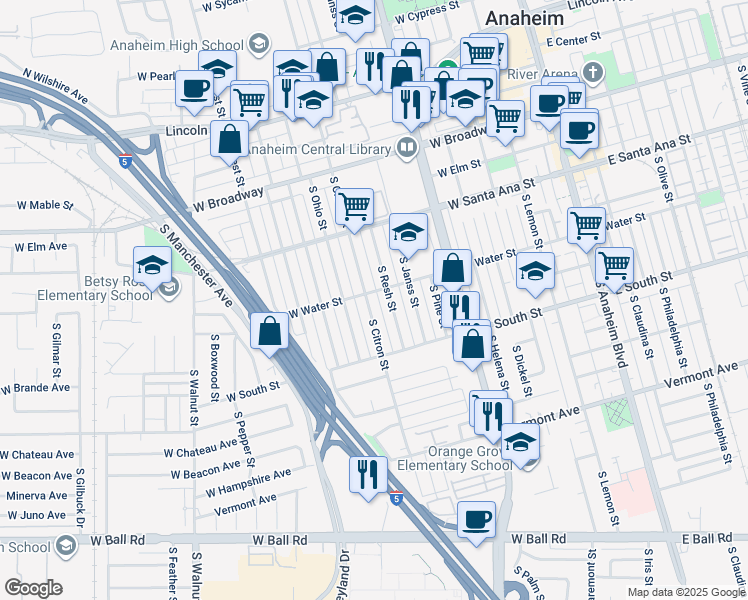 map of restaurants, bars, coffee shops, grocery stores, and more near 606 South Citron Street in Anaheim