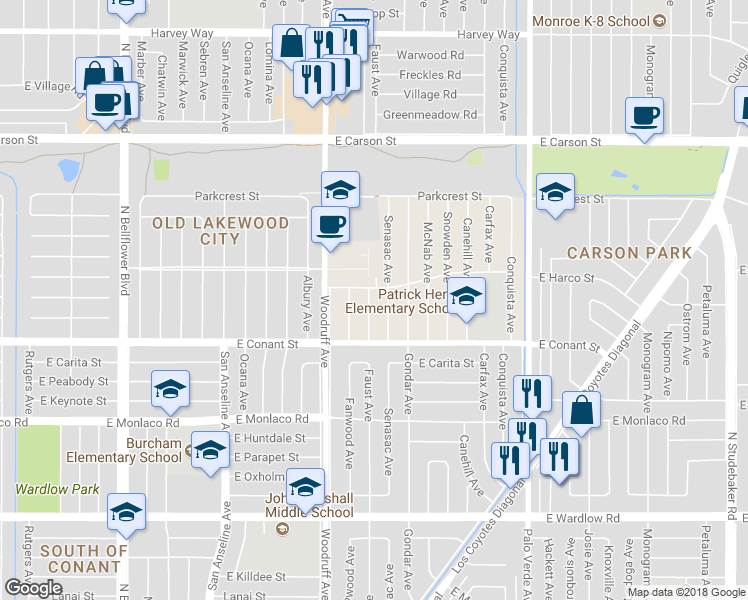 map of restaurants, bars, coffee shops, grocery stores, and more near 3752 Faust Avenue in Long Beach