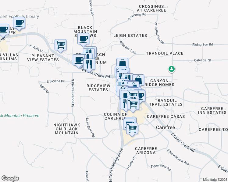 map of restaurants, bars, coffee shops, grocery stores, and more near 7200 East Ridgeview Place in Carefree