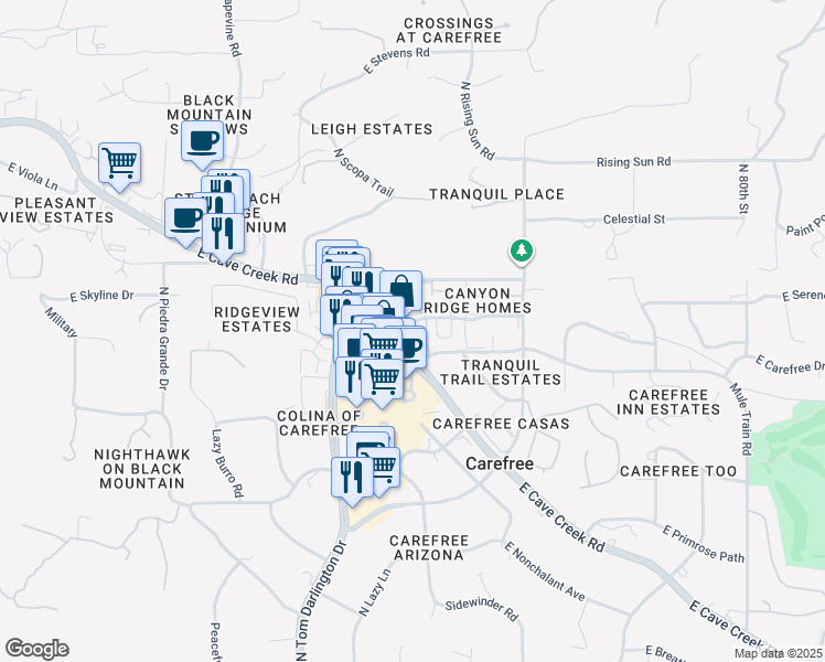 map of restaurants, bars, coffee shops, grocery stores, and more near 7234 East Cave Creek Road in Cave Creek