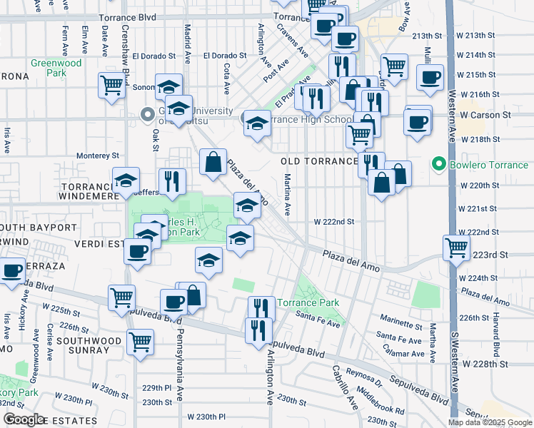 map of restaurants, bars, coffee shops, grocery stores, and more near 2160 Plaza del Amo in Torrance