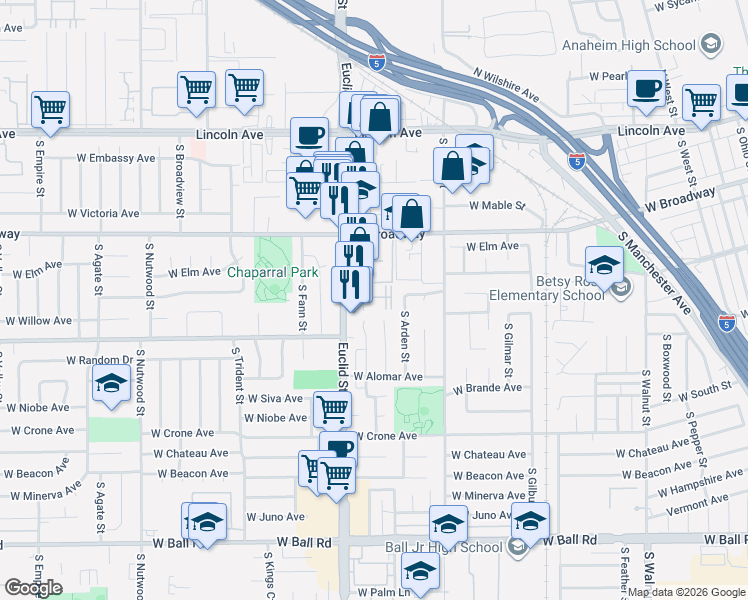 map of restaurants, bars, coffee shops, grocery stores, and more near 1680 West Tedmar Avenue in Anaheim