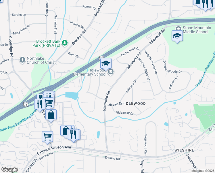 map of restaurants, bars, coffee shops, grocery stores, and more near 1462 Idlewood Road in Tucker