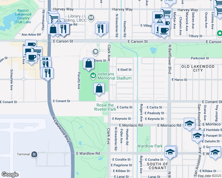 map of restaurants, bars, coffee shops, grocery stores, and more near 3748 Clark Avenue in Long Beach