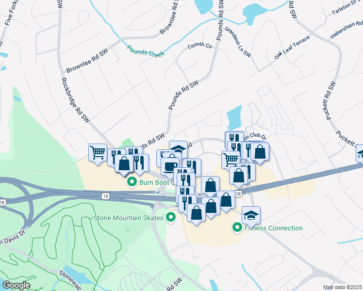 map of restaurants, bars, coffee shops, grocery stores, and more near 1755 E Park Pl Blvd in Stone Mountain