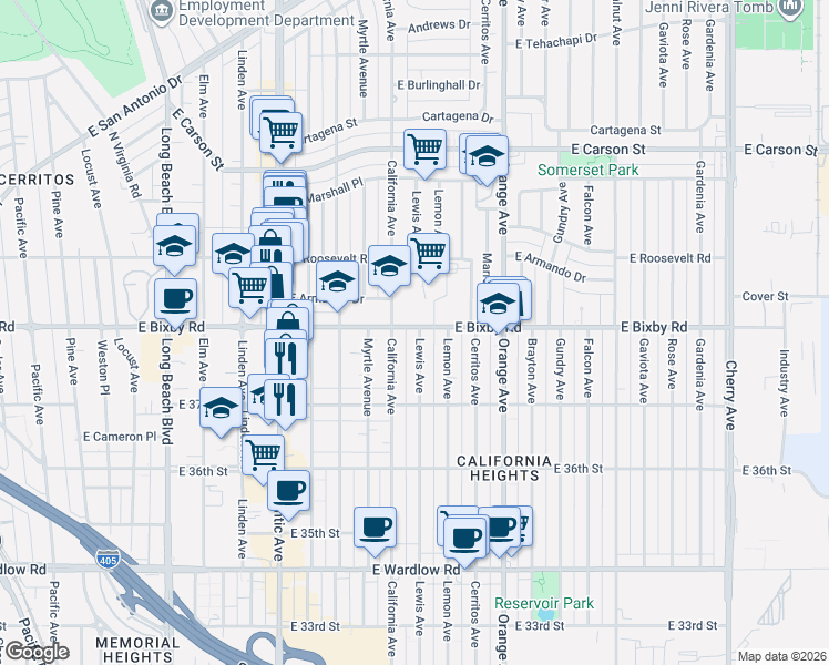 map of restaurants, bars, coffee shops, grocery stores, and more near 3770 California Avenue in Long Beach
