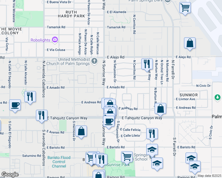 map of restaurants, bars, coffee shops, grocery stores, and more near 1733 East Amado Road in Palm Springs