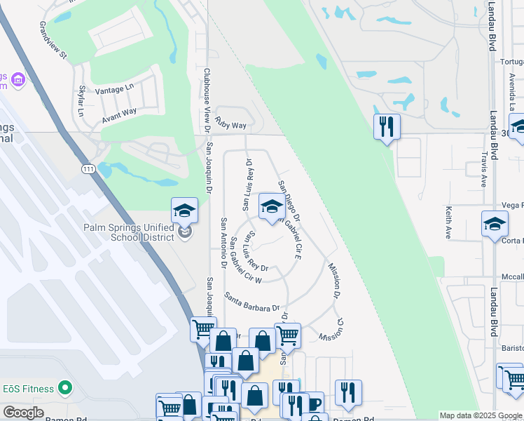 map of restaurants, bars, coffee shops, grocery stores, and more near 67160 San Gabriel Circle East in Cathedral City