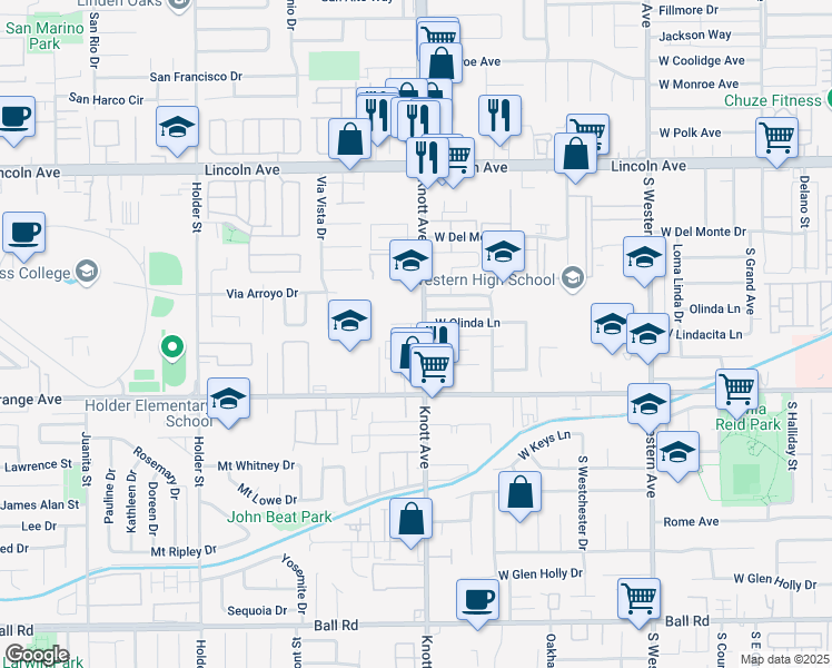 map of restaurants, bars, coffee shops, grocery stores, and more near 401 South Knott Avenue in Anaheim