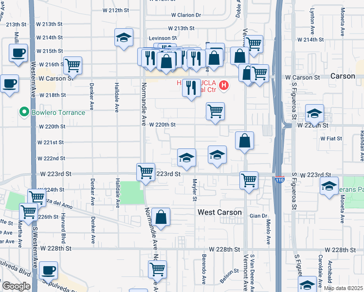 map of restaurants, bars, coffee shops, grocery stores, and more near 1135 West Jay Street in Torrance