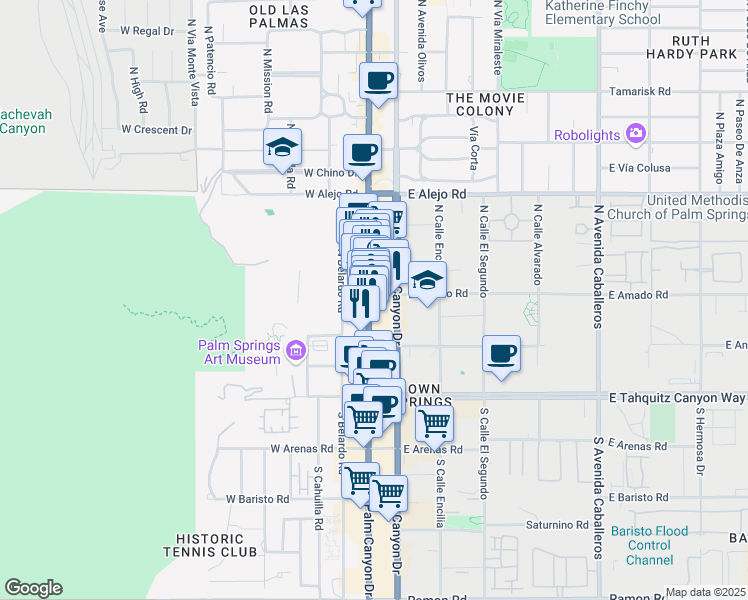 map of restaurants, bars, coffee shops, grocery stores, and more near 285 North Palm Canyon Drive in Palm Springs