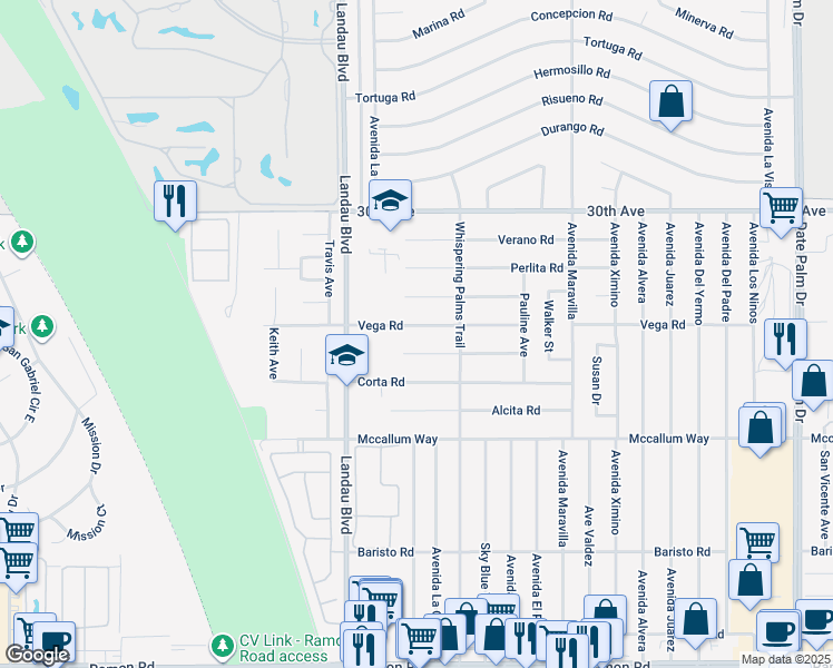 map of restaurants, bars, coffee shops, grocery stores, and more near 68145 Vega Road in Cathedral City