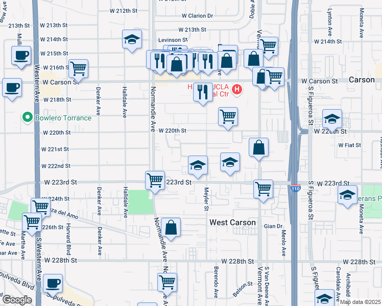 map of restaurants, bars, coffee shops, grocery stores, and more near 1135 West Jay Street in Torrance