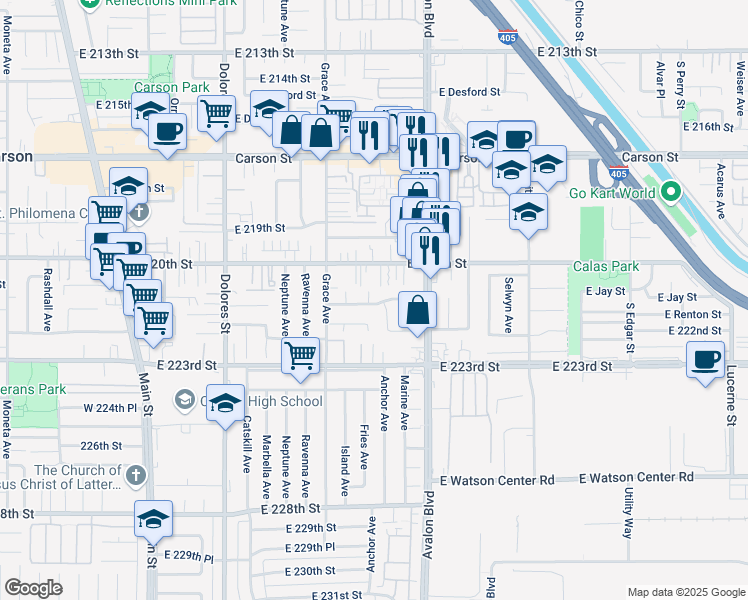 map of restaurants, bars, coffee shops, grocery stores, and more near 561 East 221st Street in Carson