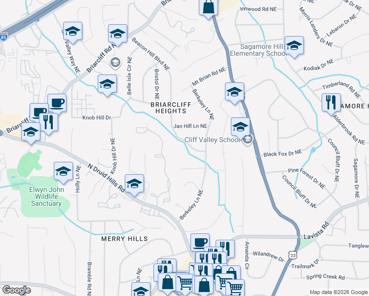 map of restaurants, bars, coffee shops, grocery stores, and more near 1853 Georgiana Drive Northeast in Atlanta