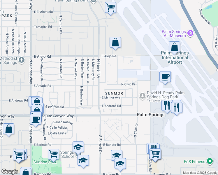 map of restaurants, bars, coffee shops, grocery stores, and more near 2720 East Plaimor Avenue in Palm Springs