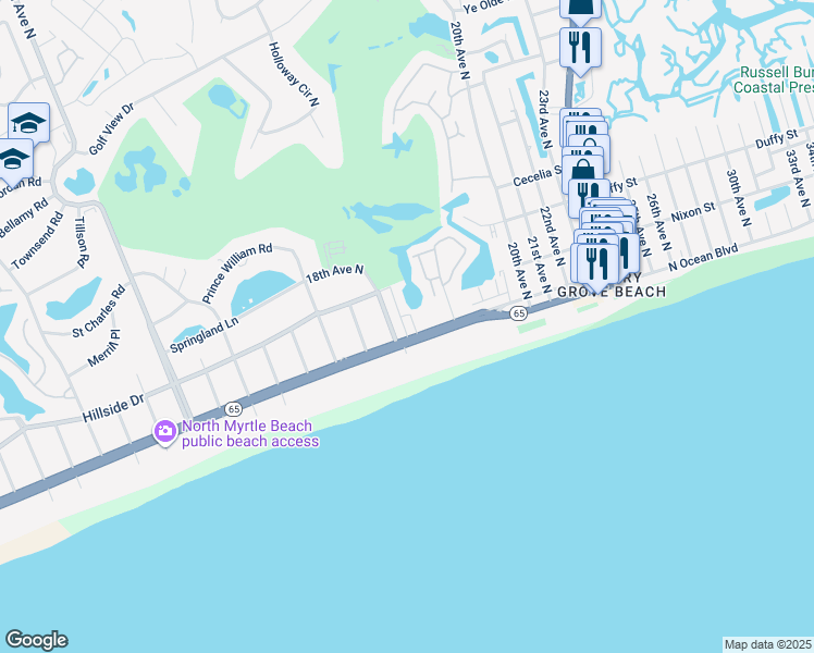 map of restaurants, bars, coffee shops, grocery stores, and more near E-2 Tilghman Lakes in North Myrtle Beach