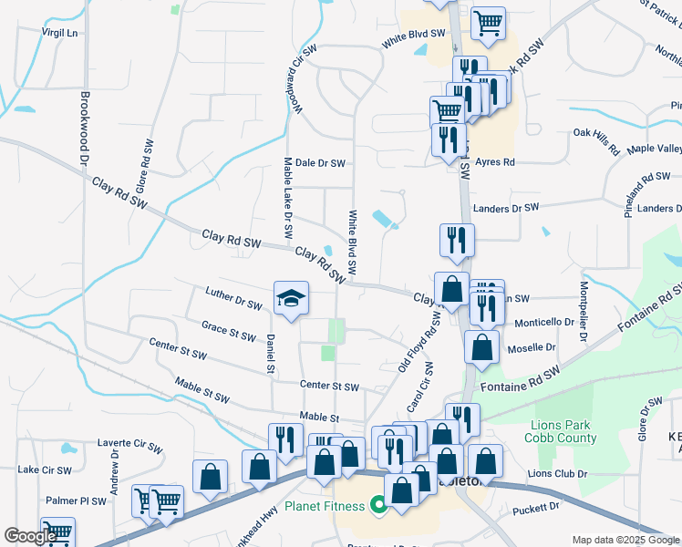 map of restaurants, bars, coffee shops, grocery stores, and more near 940 Clay Road in Mableton