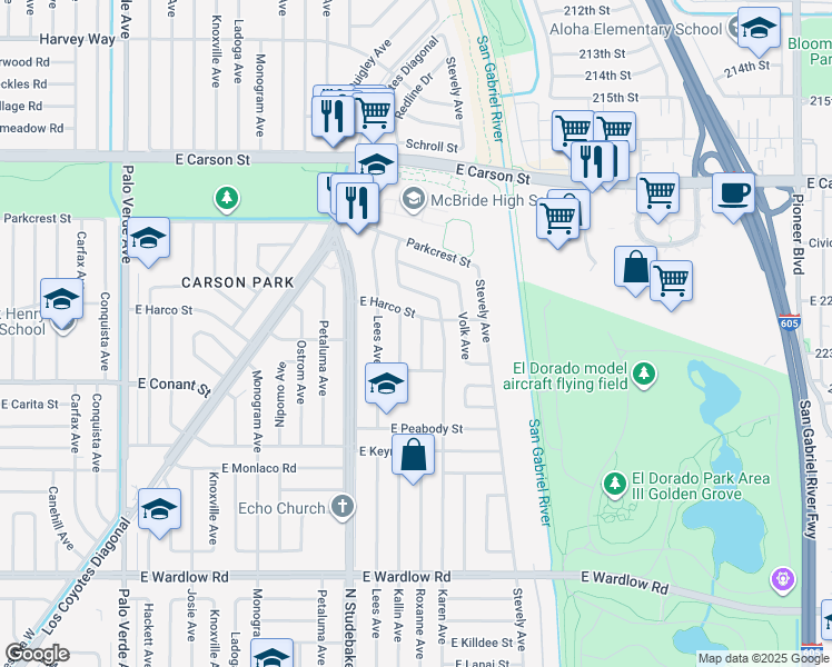 map of restaurants, bars, coffee shops, grocery stores, and more near 3739 Roxanne Avenue in Long Beach