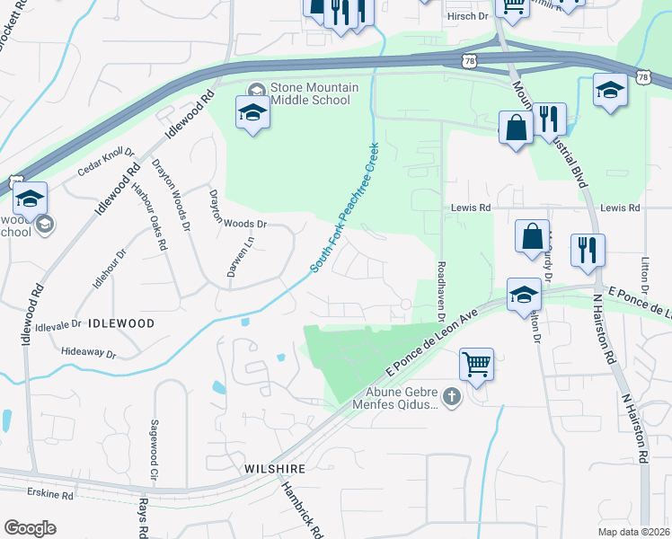 map of restaurants, bars, coffee shops, grocery stores, and more near 1573 Jacob's Way in Stone Mountain