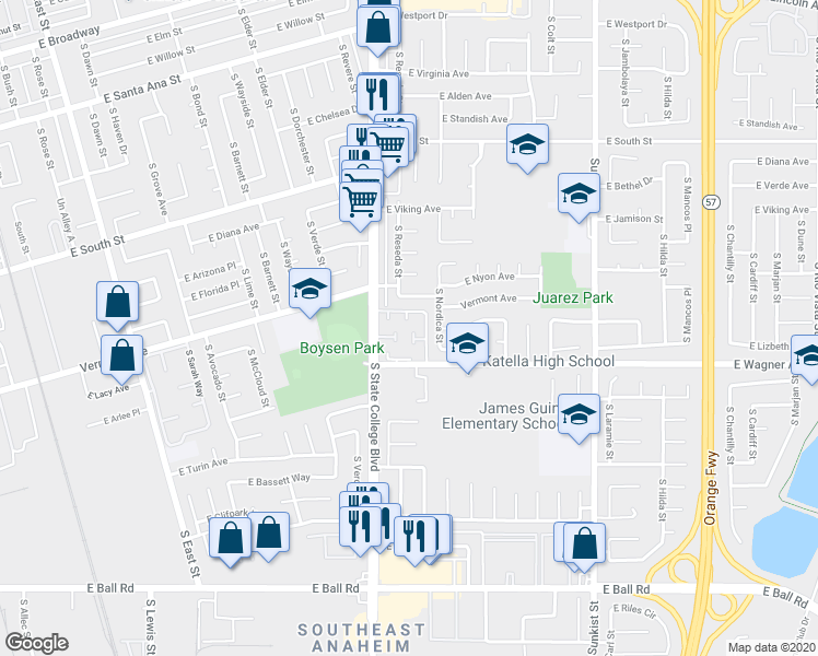map of restaurants, bars, coffee shops, grocery stores, and more near 937 South Firwood Lane in Anaheim
