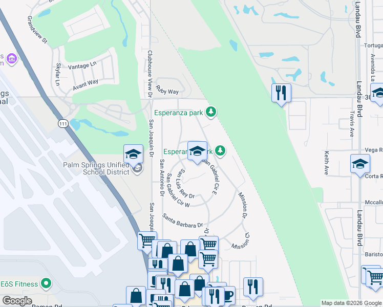 map of restaurants, bars, coffee shops, grocery stores, and more near 67178 San Gabriel Circle East in Cathedral City