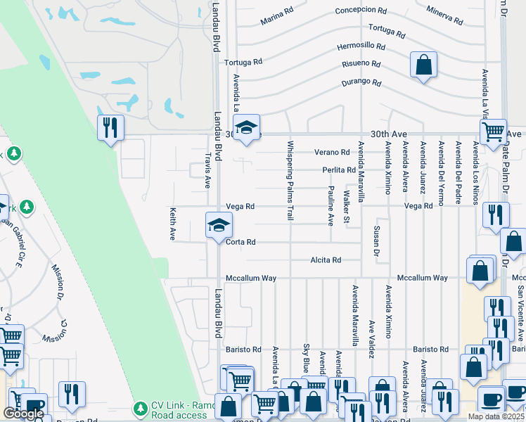map of restaurants, bars, coffee shops, grocery stores, and more near 68145 Vega Road in Cathedral City