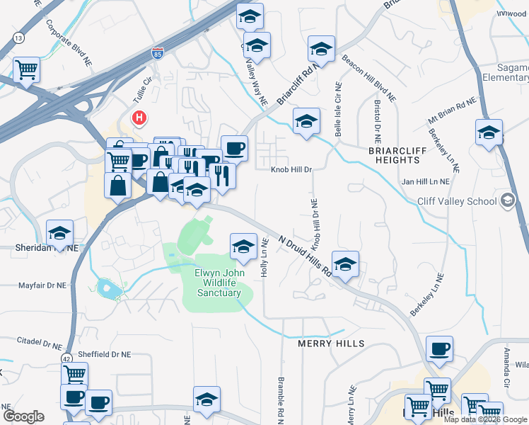 map of restaurants, bars, coffee shops, grocery stores, and more near 1643 Mount Mariah Road Northeast in Atlanta