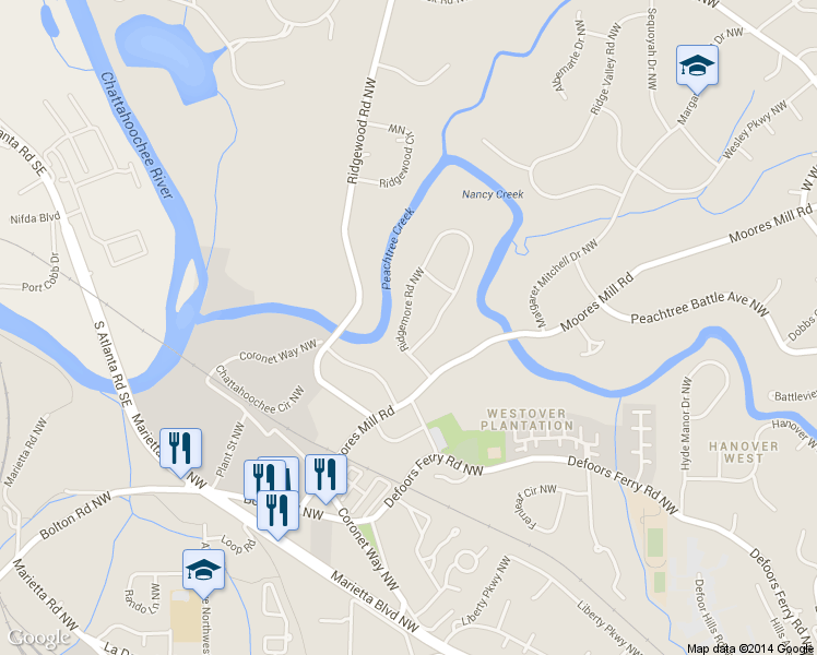map of restaurants, bars, coffee shops, grocery stores, and more near 2623 Ridgemore Road Northwest in Atlanta