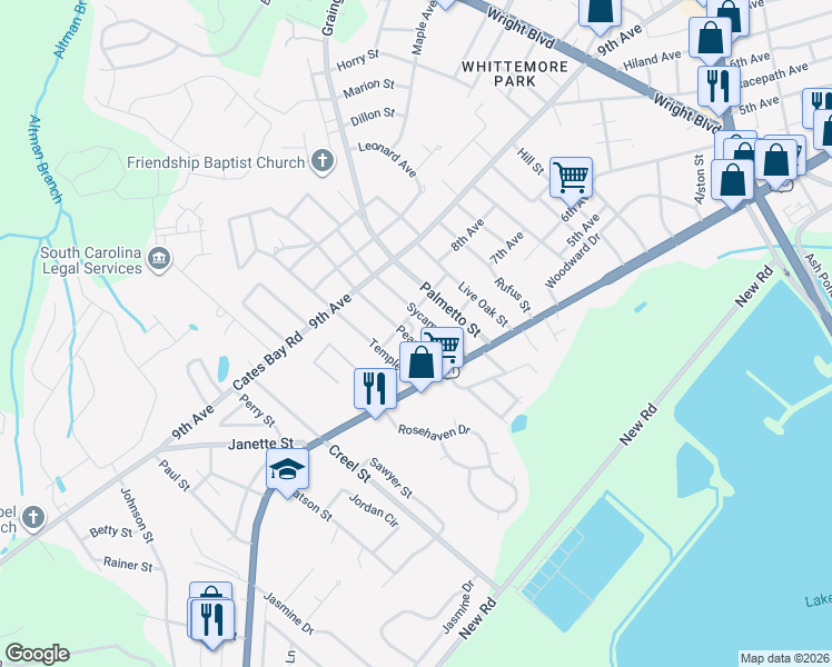 map of restaurants, bars, coffee shops, grocery stores, and more near 408 Pearl Street in Conway