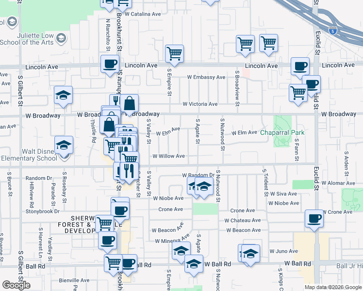 map of restaurants, bars, coffee shops, grocery stores, and more near 428 South Camellia Street in Anaheim
