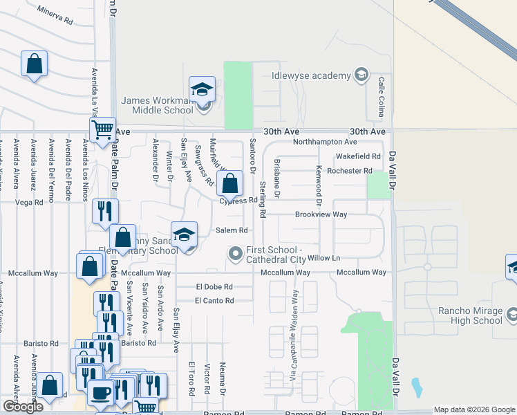 map of restaurants, bars, coffee shops, grocery stores, and more near 30537 Sterling Road in Cathedral City