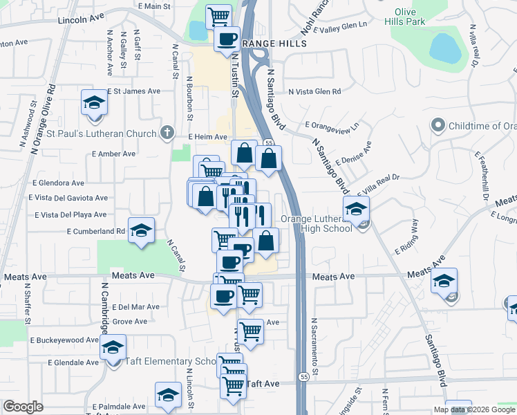 map of restaurants, bars, coffee shops, grocery stores, and more near 1931 East Meats Avenue in Orange