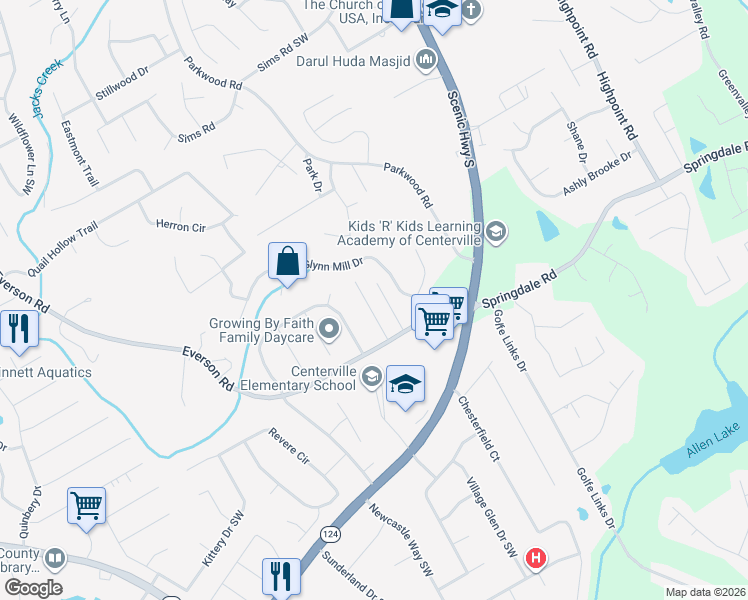 map of restaurants, bars, coffee shops, grocery stores, and more near 2936 Everson Ridge Court Southwest in Snellville