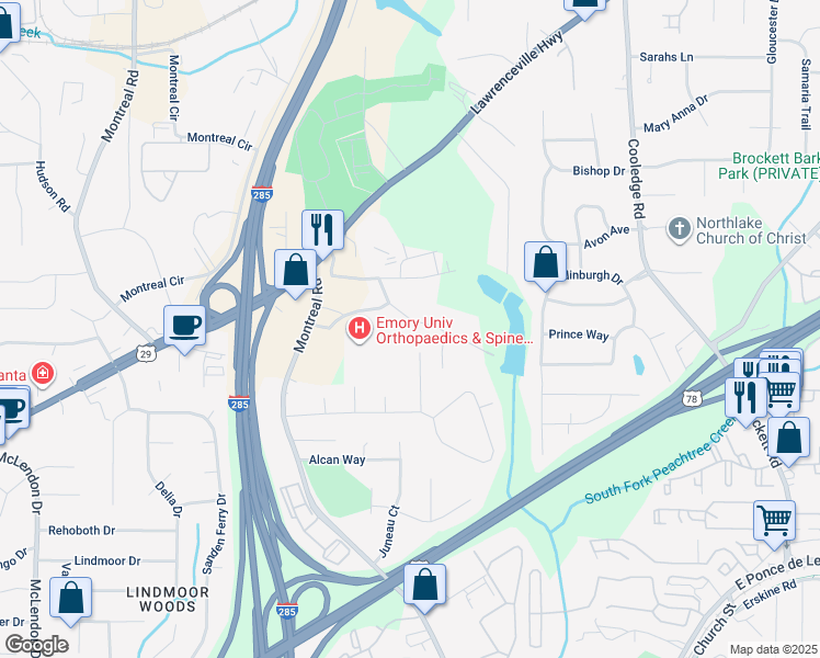 map of restaurants, bars, coffee shops, grocery stores, and more near 3523 Johns Road in Tucker